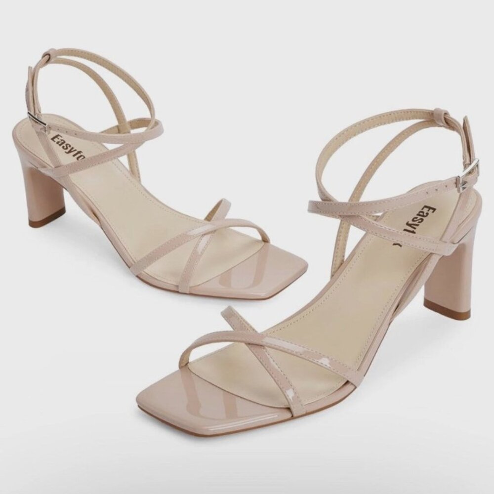 Easyfox Strappy Chunky Heels | Square Toe Sandals | NWOT Size 6.5 Nude Patent